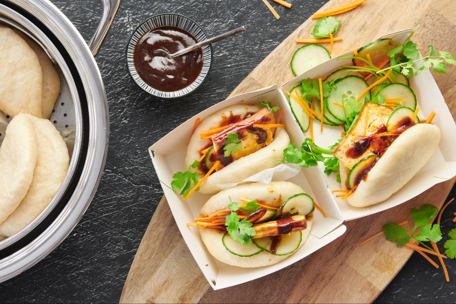 Steamed bao buns with prawns and vegetables with AbyAMC steamer